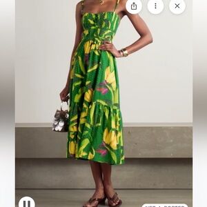 Farm Rio Banana Aquarela Pleated Printed Swiss-dot Linen Midi Dress